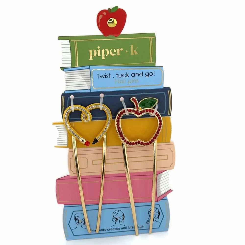 Piper K Back to School Apple Pencil Gold Tone Hair Pins - Set of 2